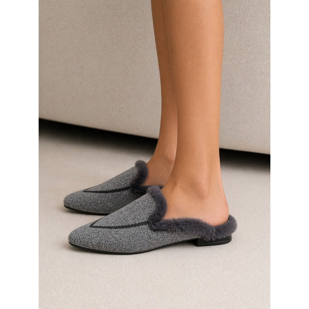 VIVAIA Square-Toe Knit Mules Fur‎ Trim Rich Grey | EU 39 / US 8